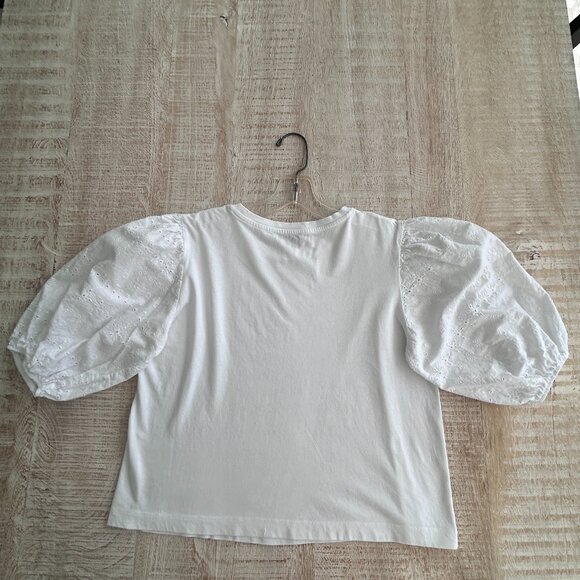Zara Embroidered Ballon Eyelet Sleeve Cropped Top/T-Shirt White Size Small - Picture 6 of 7